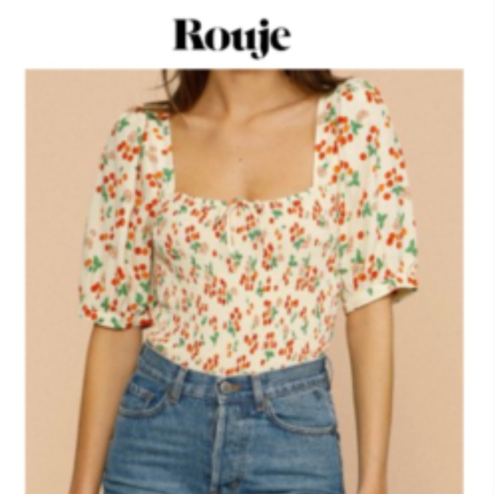 Rouje Cream Cherry-Print Puff Sleeve Crop Top Katia